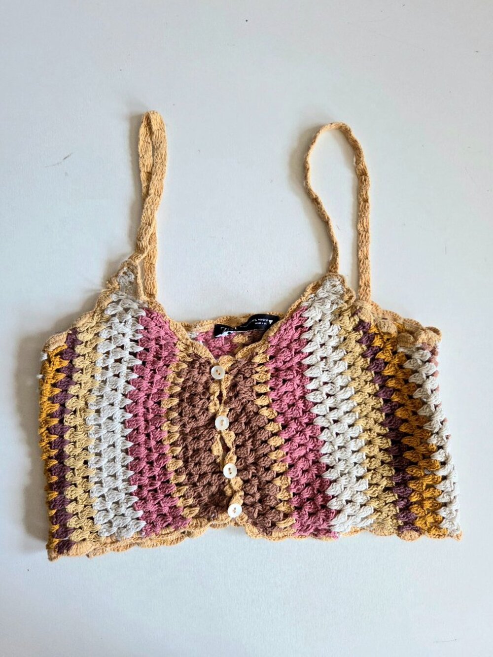 Zara Multi Colored Knitted Striped Crochet Crop Top with Front Buttons